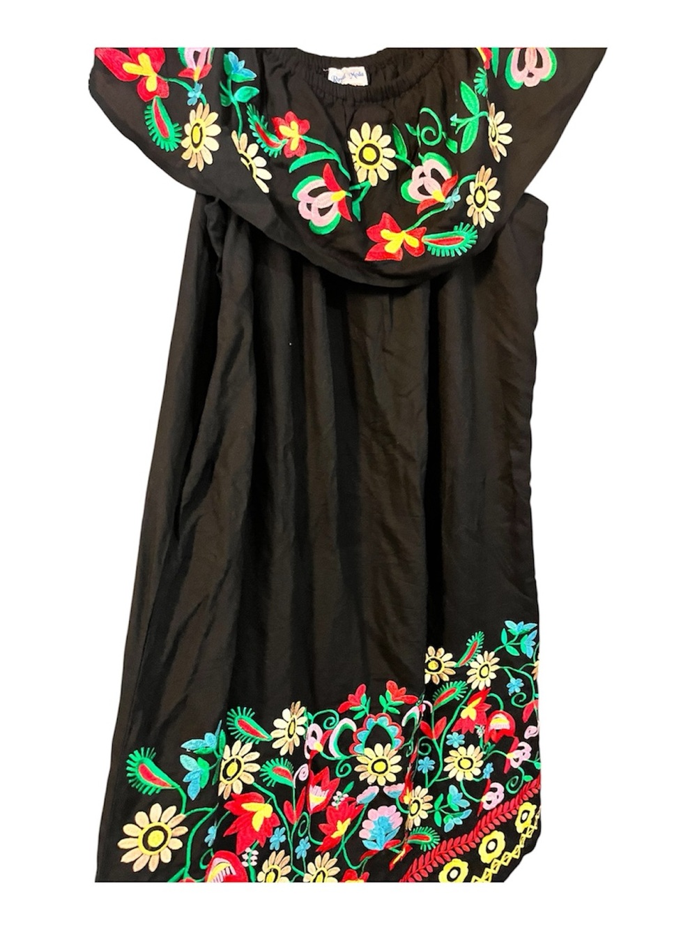 Black Off-Shoulder Embroidered Floral Maxi Dress
